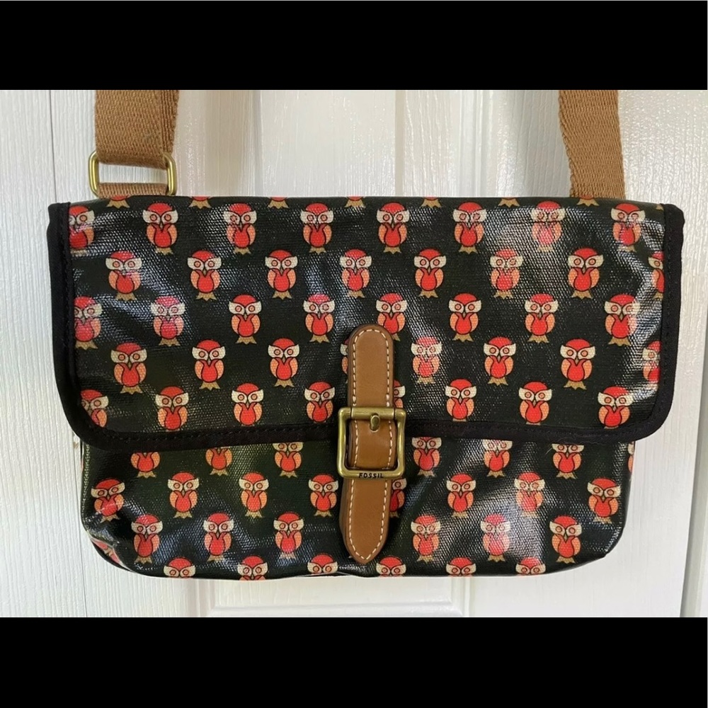 FOSSIL KEYPER MINI COATED CANVAS CROSSBODY,HAND BAG,PURSE OWL PATTERN